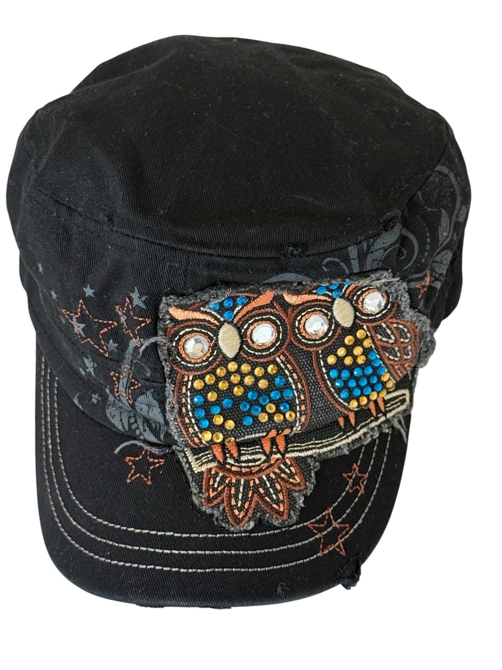 Leader L.O.G.A Army style  w/ jeweled owl,distressed details,adjustable closure